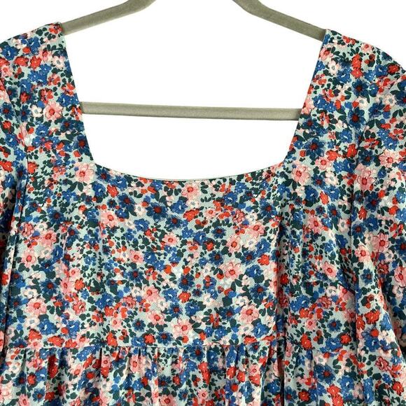 BCBG Paris Tie-Back Chiffon Floral Print Mini Tiered Dress Blue Pink, Size Small - Picture 3 of 11